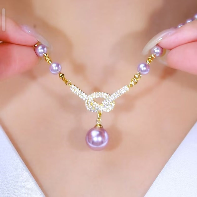 Diamond-studded Purple Natural Freshwater Pearl Necklace