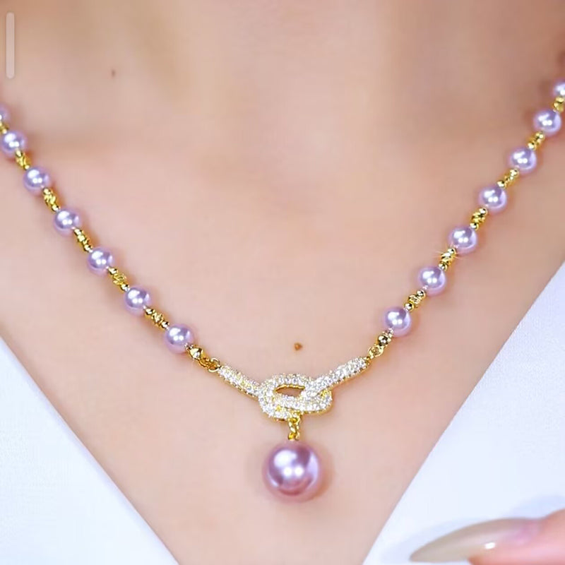 Diamond-studded Purple Natural Freshwater Pearl Necklace
