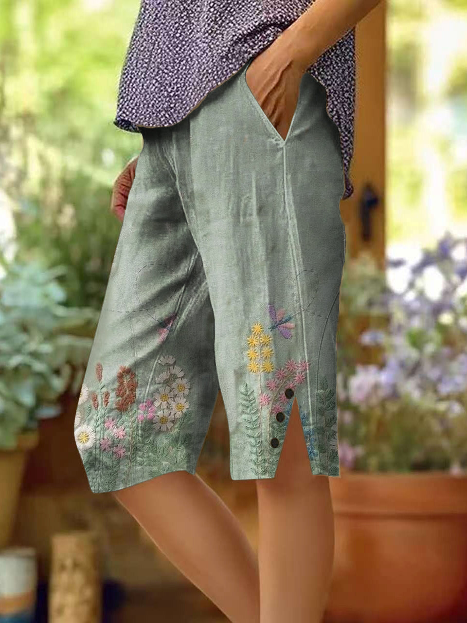 Women's Floral Pattern Art Print Cotton Linen Casual Pants