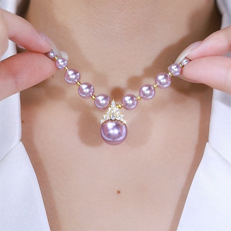 Diamond-studded Purple Natural Freshwater Pearl Necklace