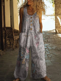 Women's Vintage Floral Pattern Art Print Casual Suspenders Wide Leg Pants