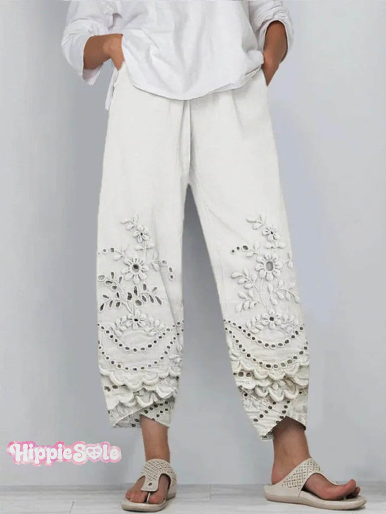 Women's Vintage Lovely Floral Art Printed Cotton And Linen Casual Pants