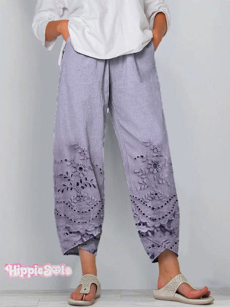 Women's Vintage Lovely Floral Art Printed Cotton And Linen Casual Pants