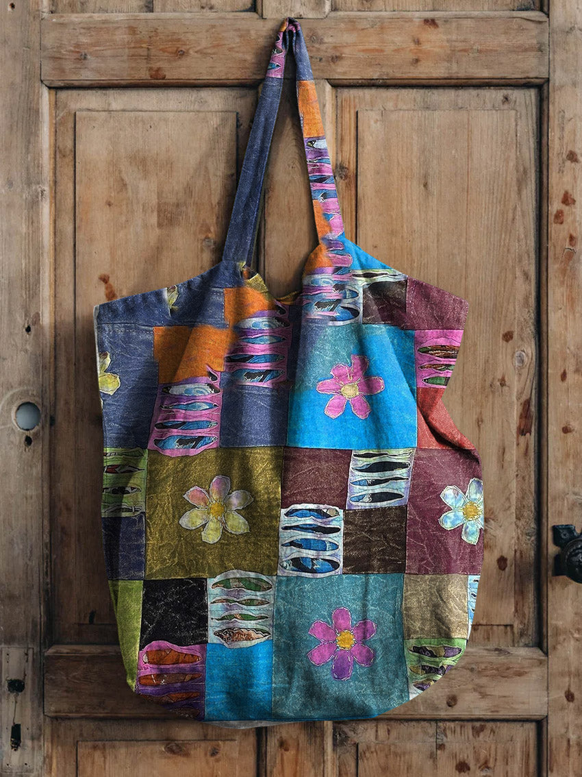 Floral Patchwork Pattern Art Print Linen Tote Bag