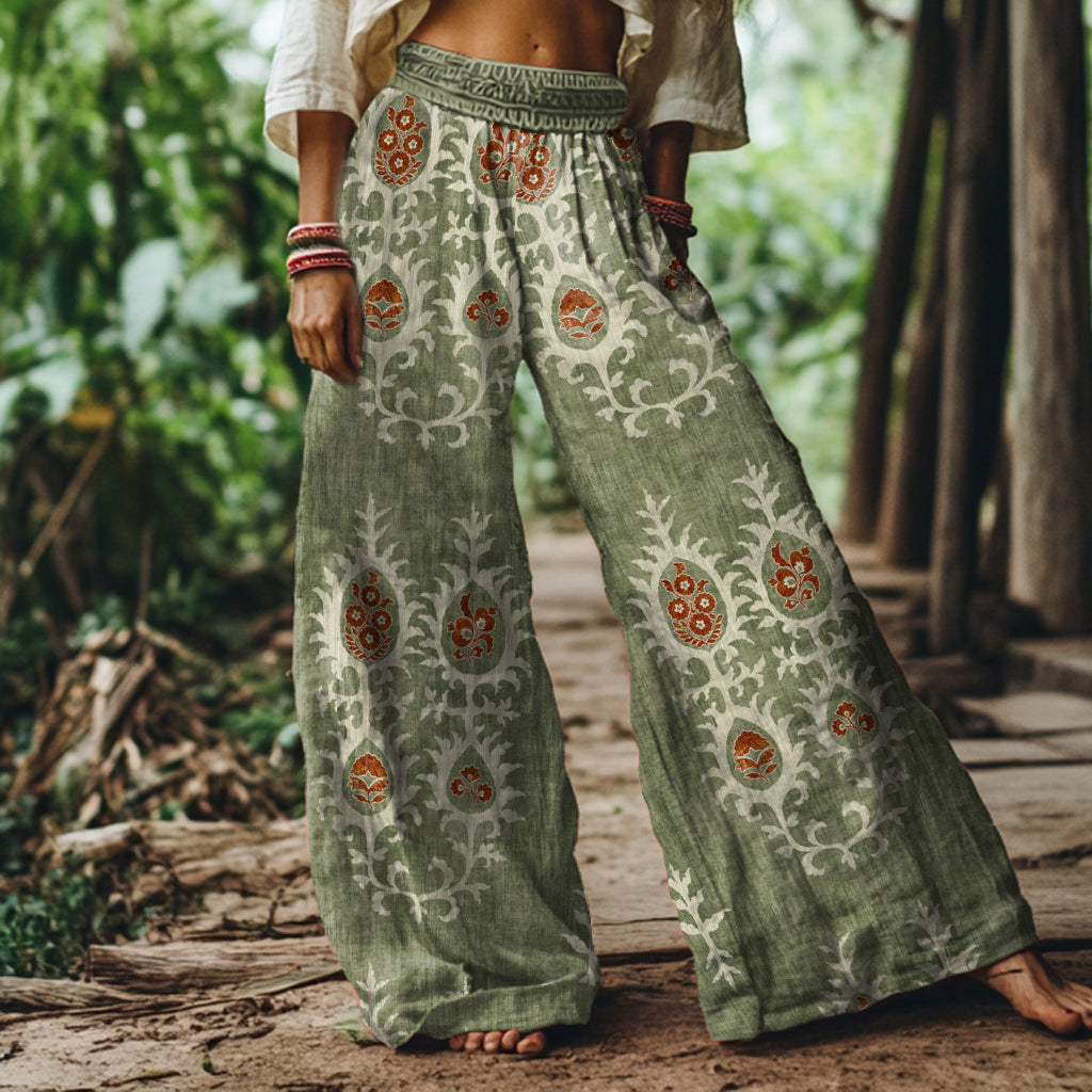 Vintage Ethnic Floral Print Loose Wide-leg Pants