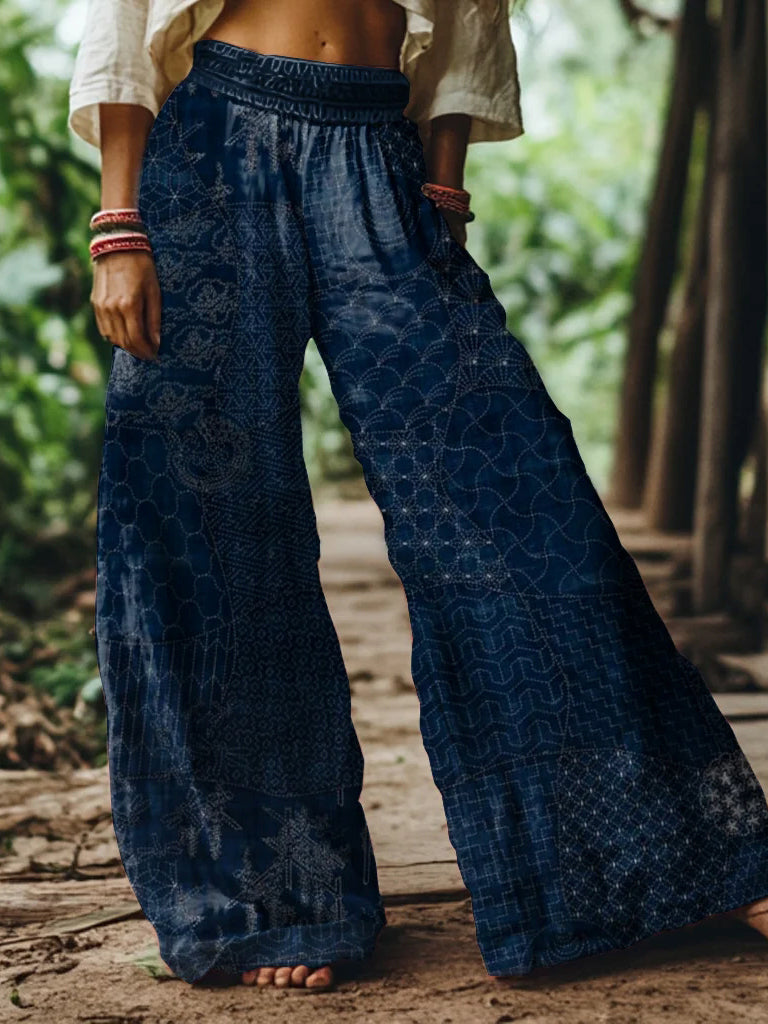 Women's Simple Geometric Collage Printed Cotton And Linen Casual Pants