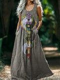 Women's Bagua Snake Embellished Pattern Art Print Round Neck Sleeveless Cotton Pocket Dress