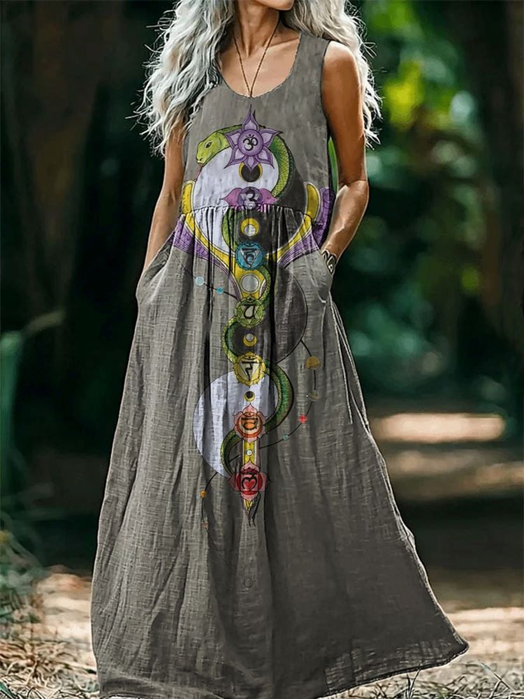 Women's Bagua Snake Embellished Pattern Art Print Round Neck Sleeveless Cotton Pocket Dress