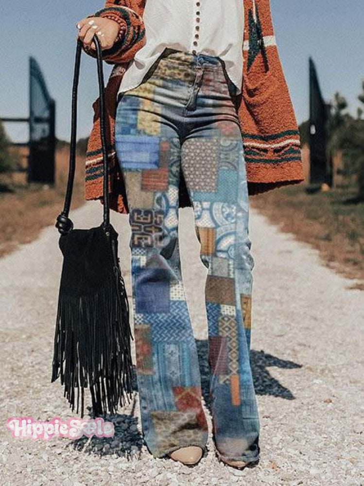 Women's Boho Vintage Patchwork Print Wide Leg Pants