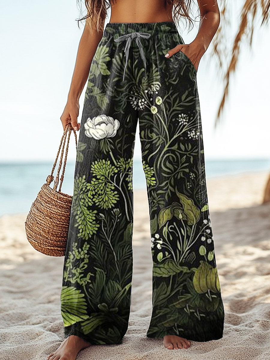 Women's Floral and Botanical Art Print Cotton and Linen Casual Pants