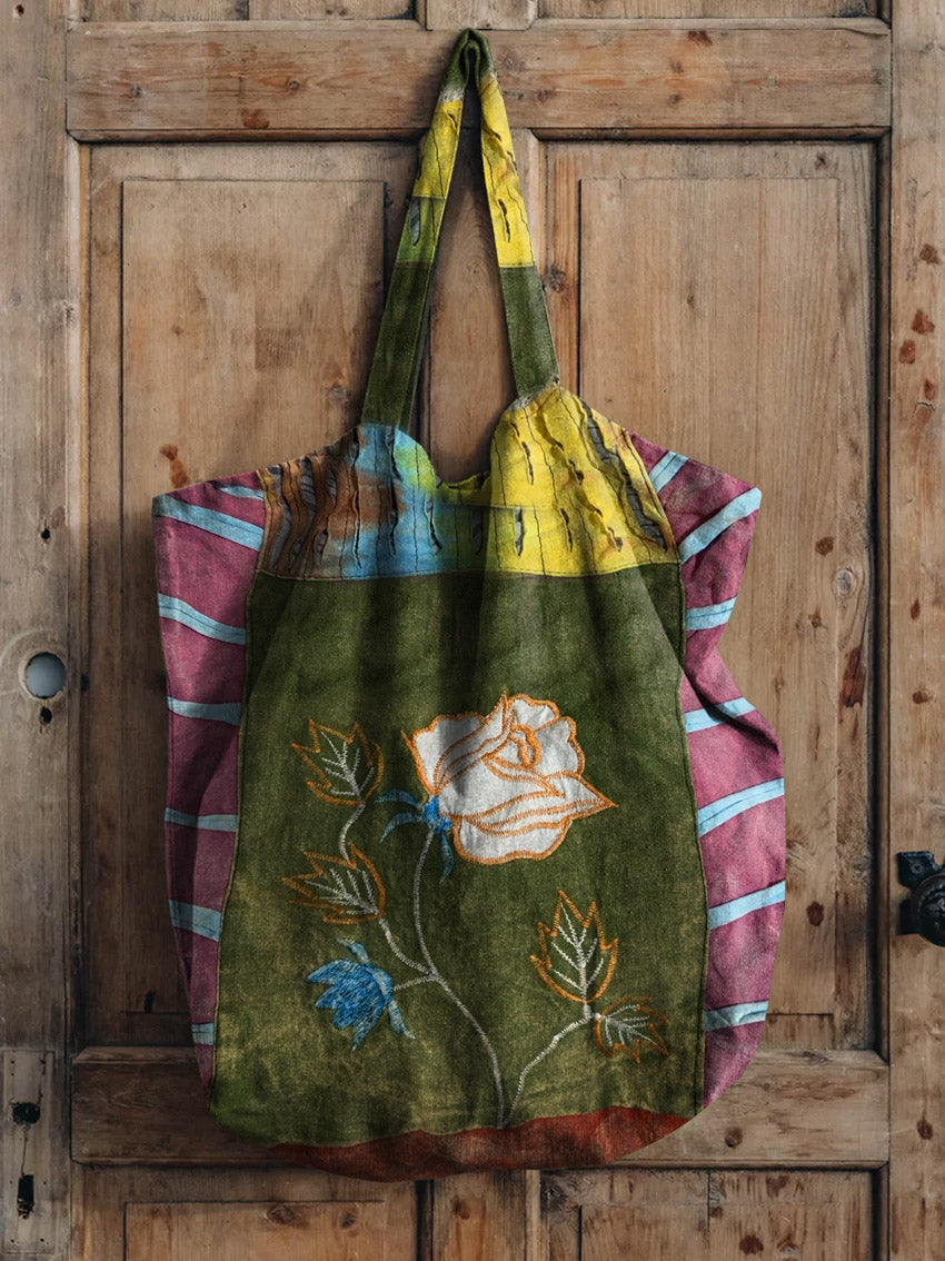 Floral Patchwork Pattern Art Print Linen Tote Bag