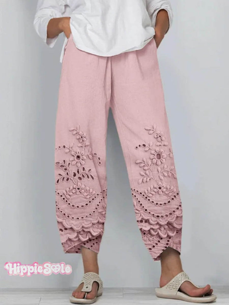 Women's Vintage Lovely Floral Art Printed Cotton And Linen Casual Pants