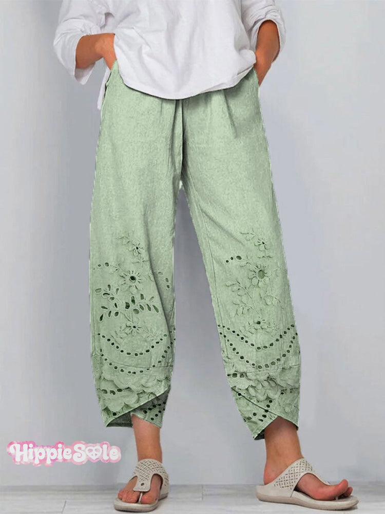 Women's Vintage Lovely Floral Art Printed Cotton And Linen Casual Pants
