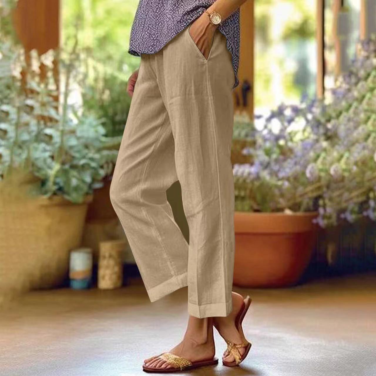Loose Solid Color Elastic Waist Pocket Straight Cotton And Linen Casual Pants