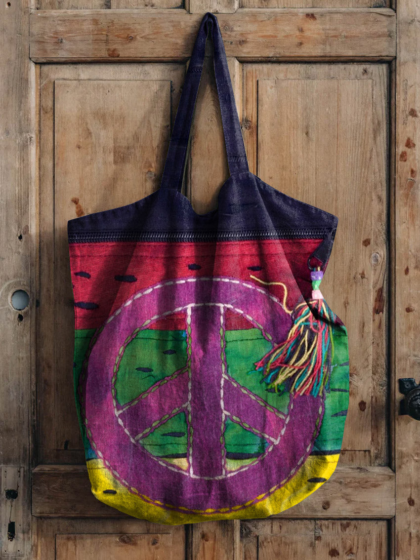 Hippie Colorblocked Patterned Art Print Linen Tote Bag