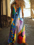 Women's Colorful Irregular Wave Pattern Art Print Casual Suspenders Wide Leg Pants
