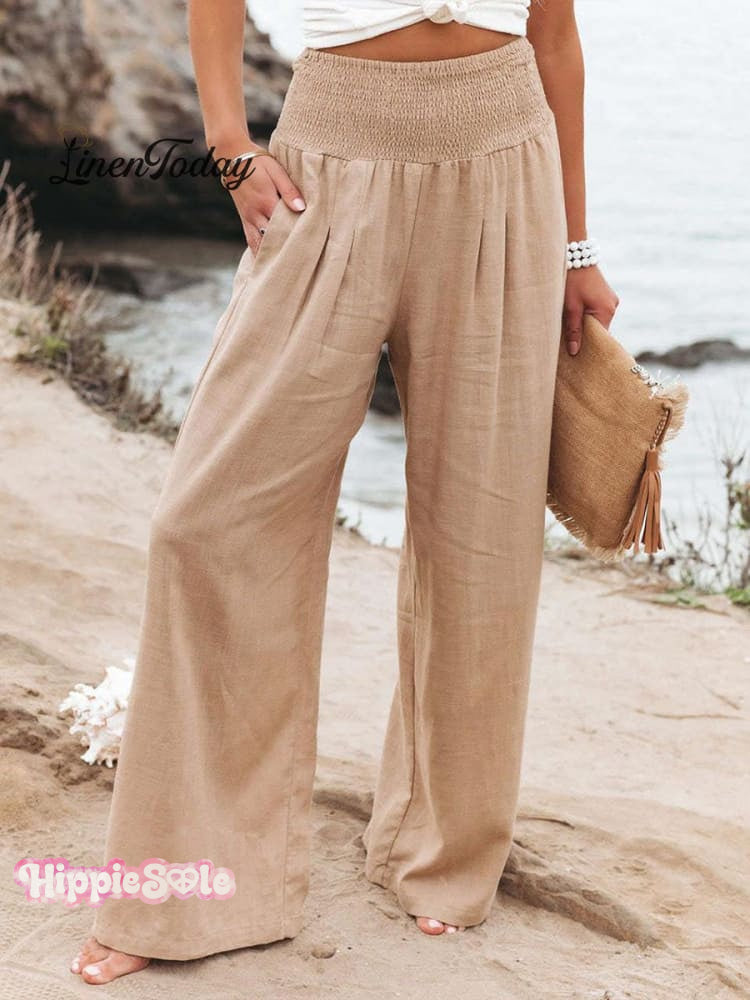 Women's Cotton and Linen Waist-waisted Wide-leg Pants