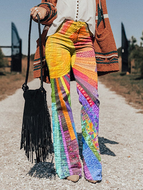 Women's Colorful Sunshine Art Print Casual Wide Leg Pants