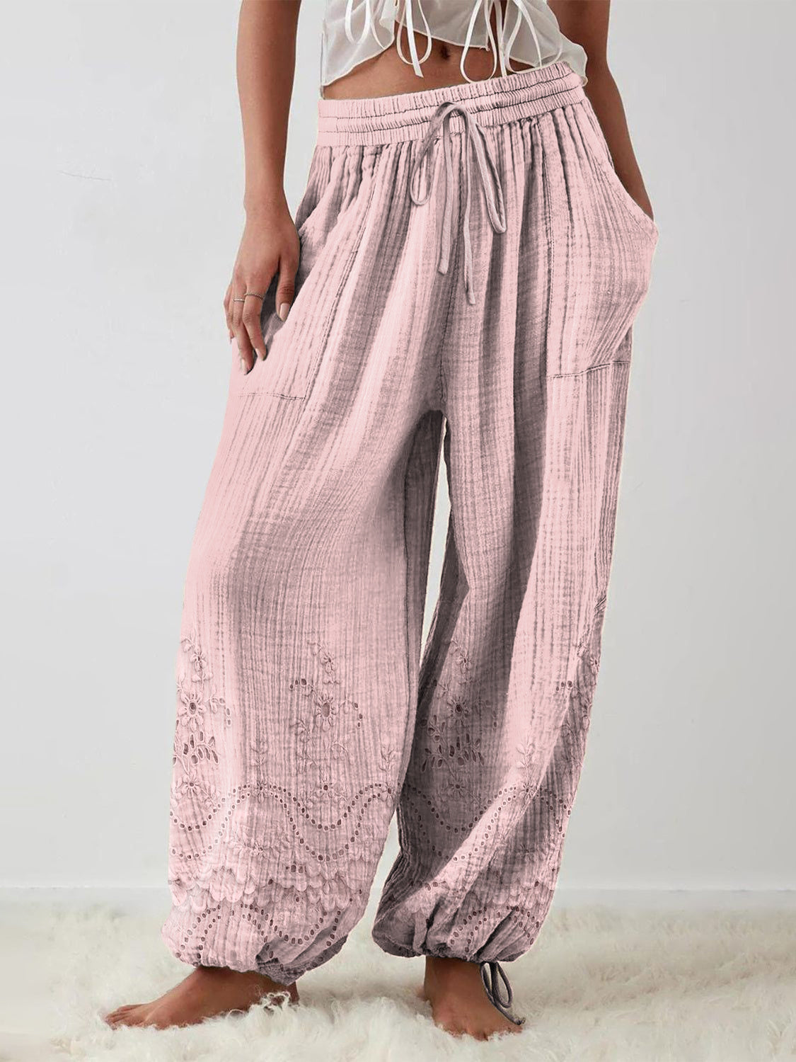Women's Retro Floral Print Casual Pocket Wide Leg Pants