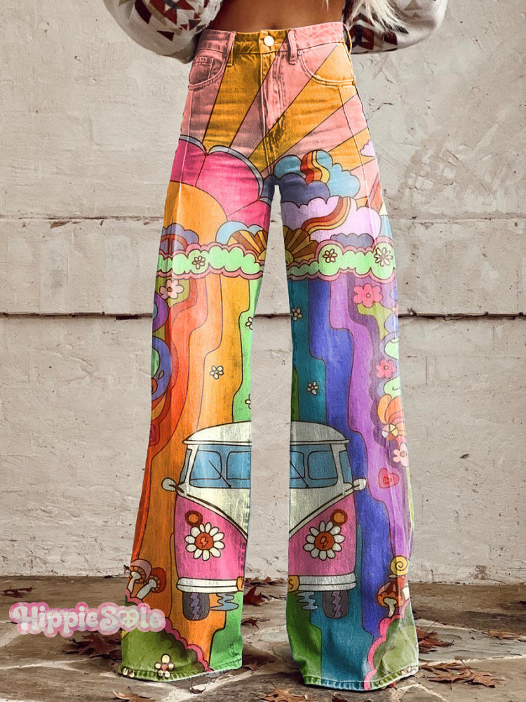 Women's Vintage Hippie Camper van Print Casual Wide Leg Pants