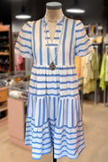 Stripe Puff Sleeve V-Neck Pleated Midi Dress