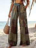 Women's Retro Patchwork Art Print Cotton and Linen Casual Pants