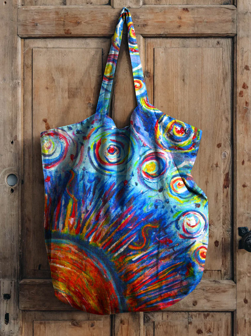 Colorful Sun Pattern Art Printed Linen Tote Bag