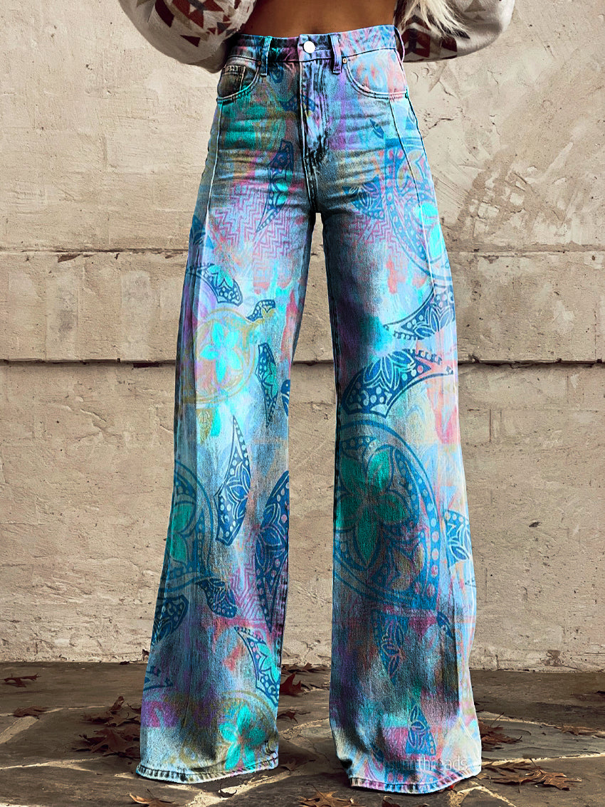 Women's Colorful Turtle Print Casual Wide Leg Pants